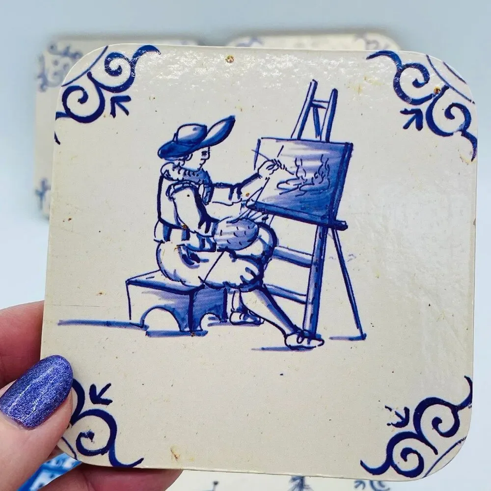 Vintage Delft Blue Cork Backed Coasters Set of 6 Dutch Windmill Sailboat